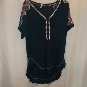 Free People Embroidered Shirt With Frayed Hemline